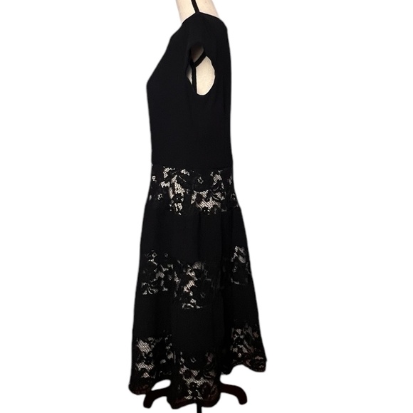 French Luxe Women's Lace Cap Sleeve Black Midi Dress 10 Fully Lined Back Zipper - Picture 3 of 6
